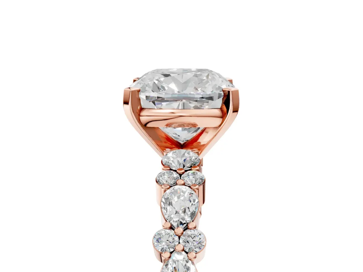 Cushion Cut Diamond Side Stone Solitaire Ring with Round and Four-Prong Setting Rose gold