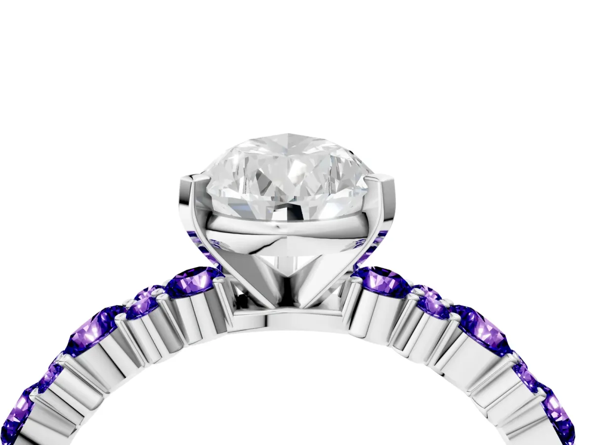 Pear Cut Diamond Side Stone Solitaire Ring with Round Tanzanite and Four-Prong Setting Silver