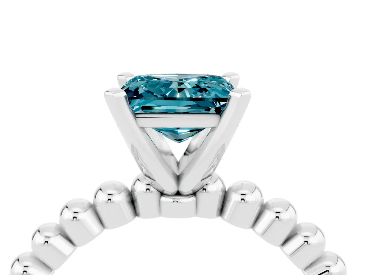 Princess Cut Blue Topaz Solitaire Ring with Beaded Band and Prong Setting Platinum