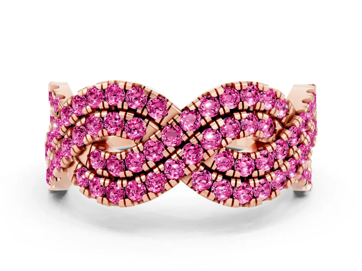 Pavé Round Pink Sapphire Infinity Twist Band with Shared Prong Setting Rose gold