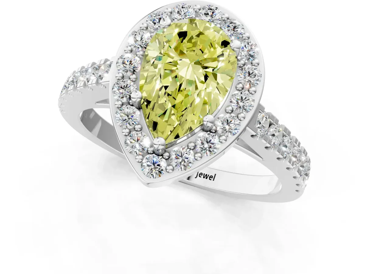 Fancy Yellow Pear Cut Diamond Halo Ring with Round Pavé Split Shank and Prong Setting Platinum