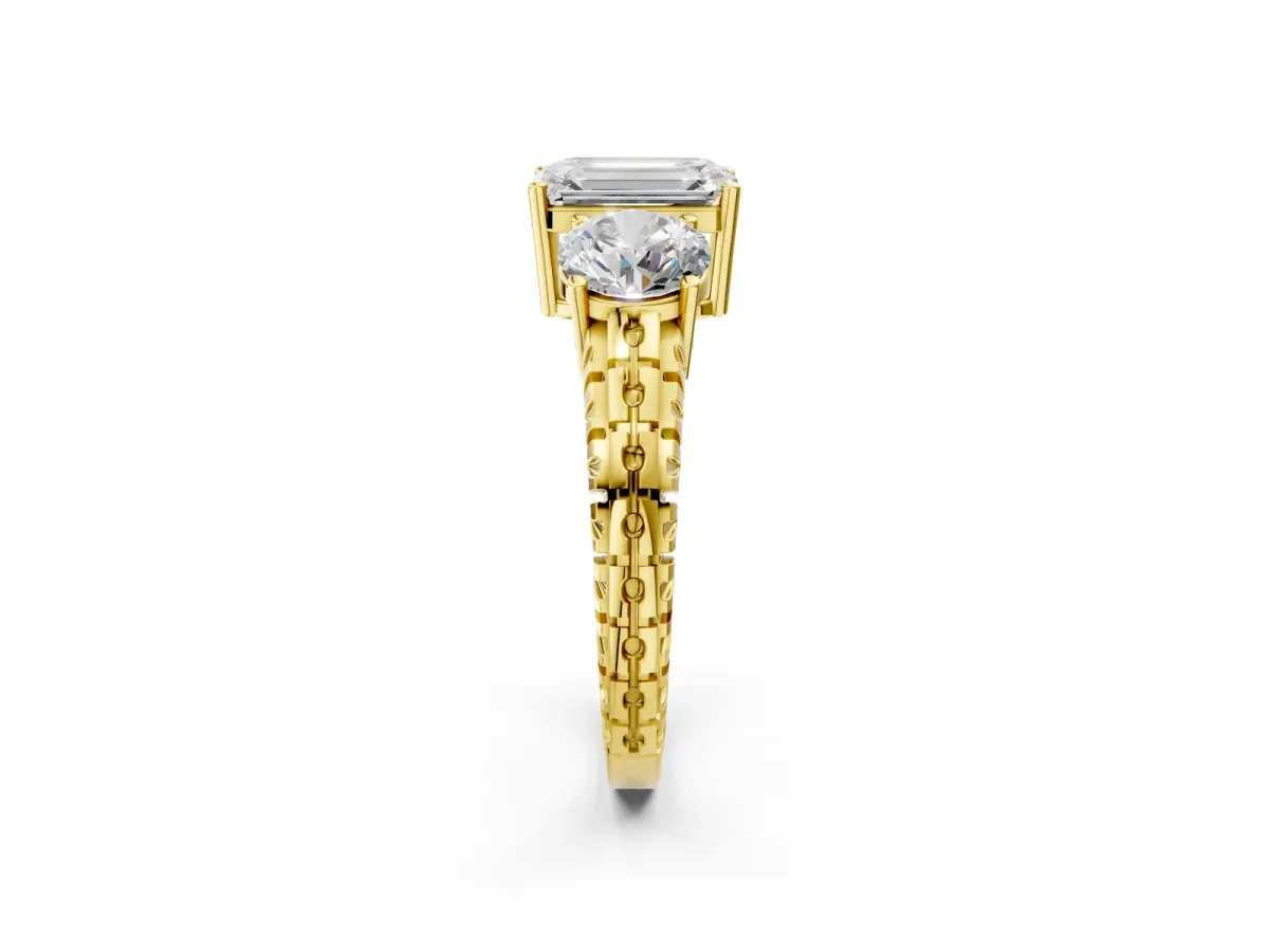 Three-Stone Emerald Cut Cut Diamond Ring with Channel-Set Band and Prong Setting Yellow gold