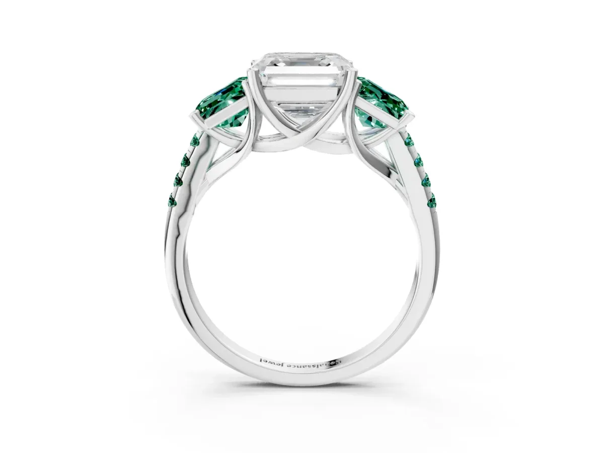 Three-Stone Asscher Cut Diamond Ring with Round Green Sapphire Pavé Band and Prong Setting Silver
