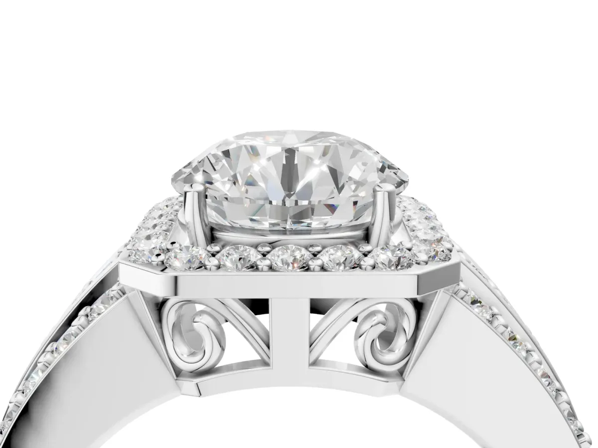 Round Cut Halo Diamond Ring with Round Moissanite Split Shank and Prong Setting Silver