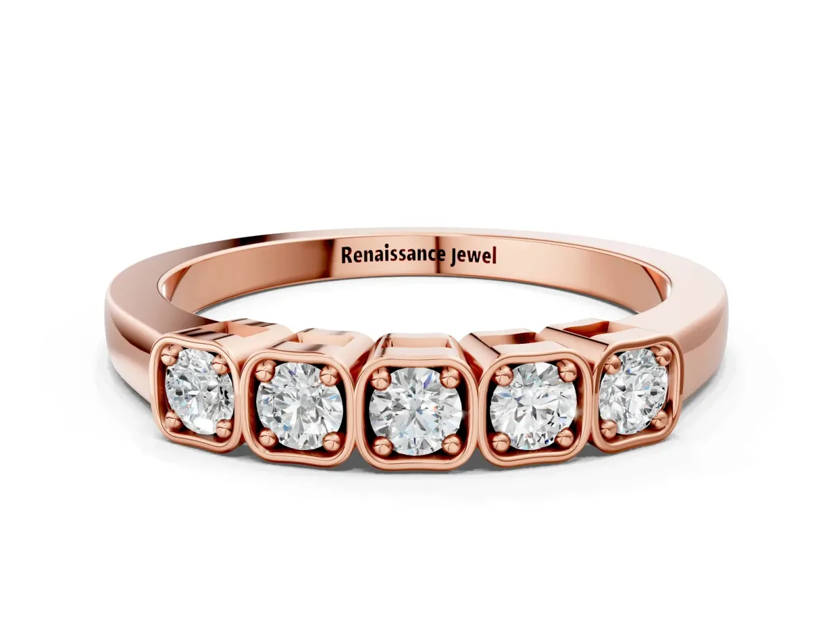 Five-Stone Round Diamond Bezel Set White Gold Band Rose gold