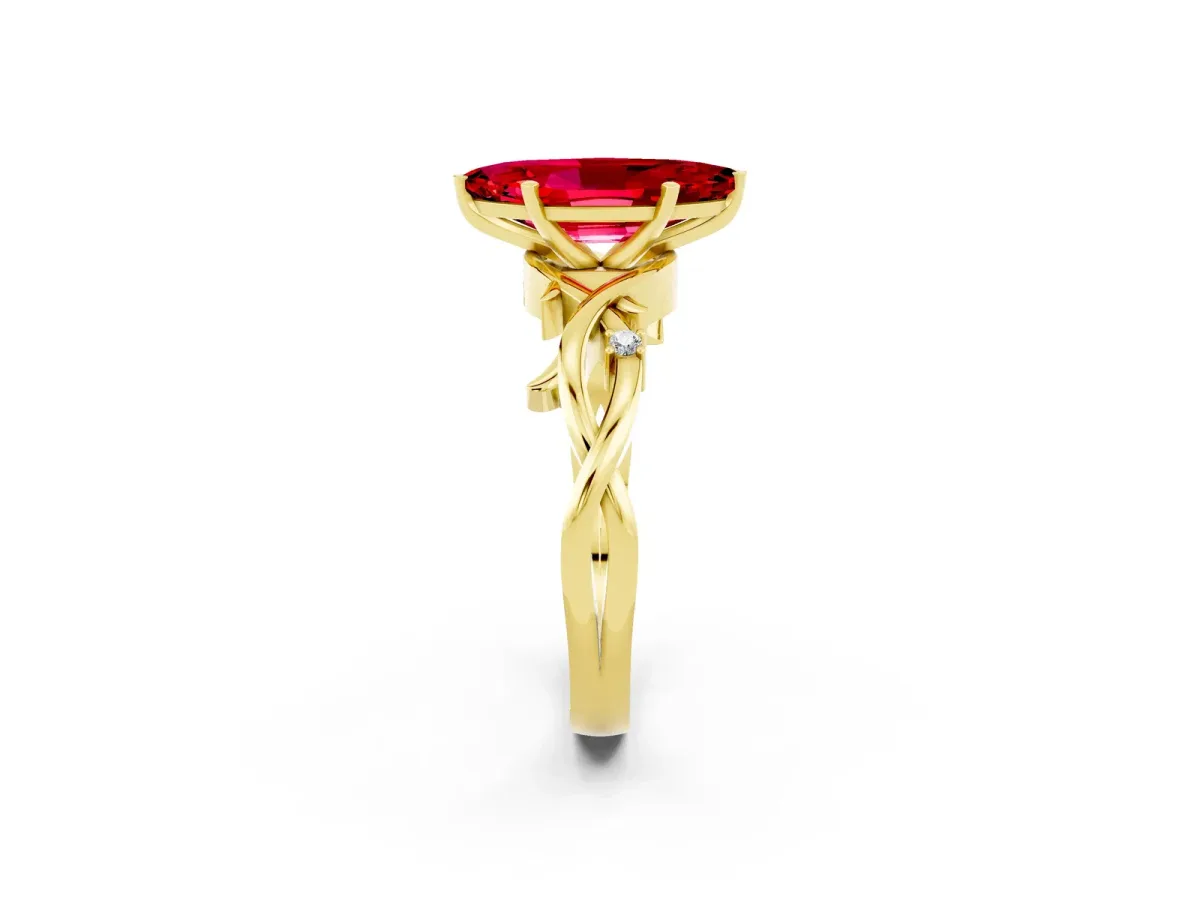 Marquise Cut Ruby Solitaire Ring with Twisted Band and Prong Setting Yellow gold