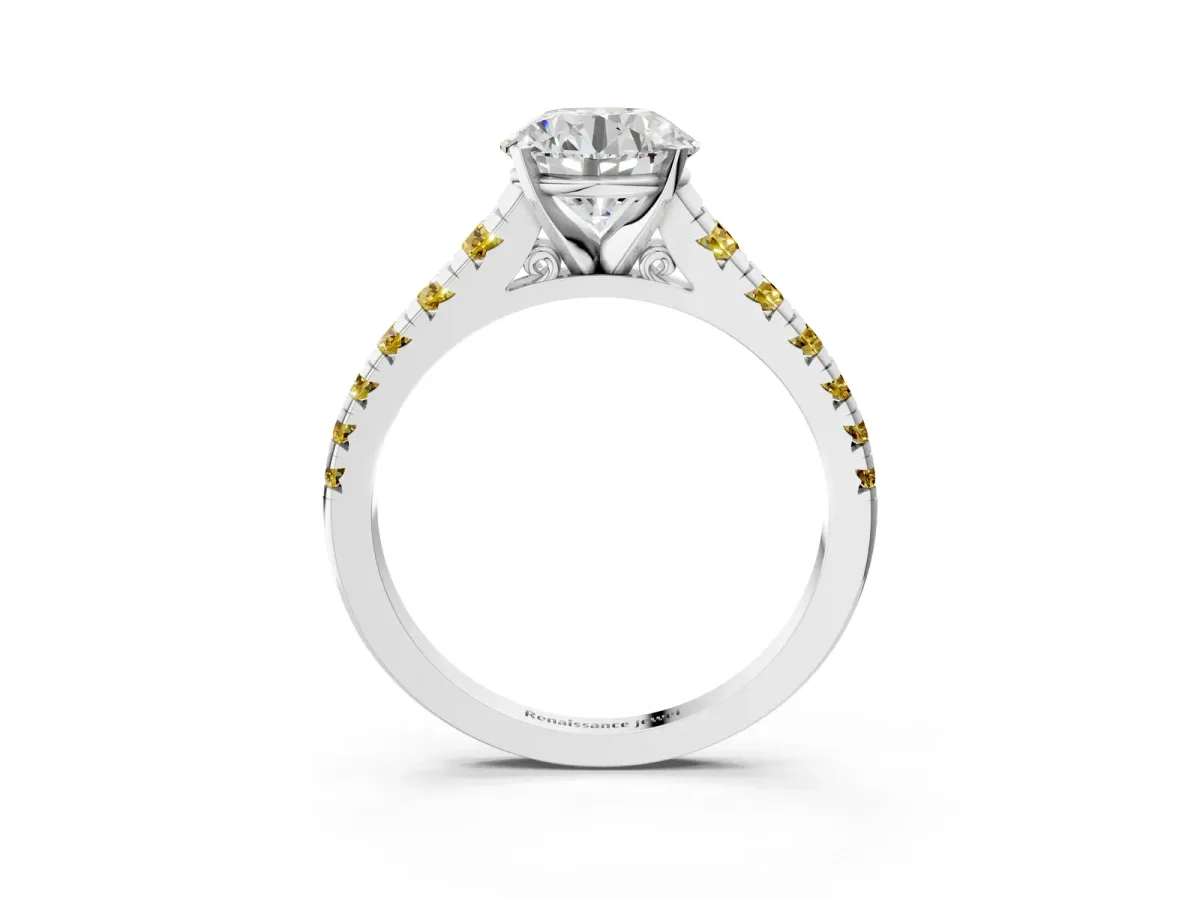 Round Cut Diamond Cathedral Solitaire Ring with Round Yellow Sapphire Pavé Band Silver