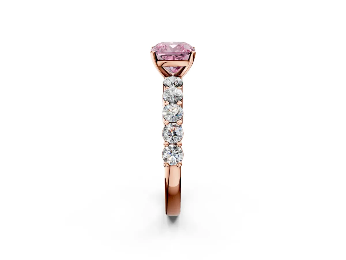 Fancy Pink Cushion Cut Diamond Solitaire Ring with Shared Prong Round Side Stones Rose gold