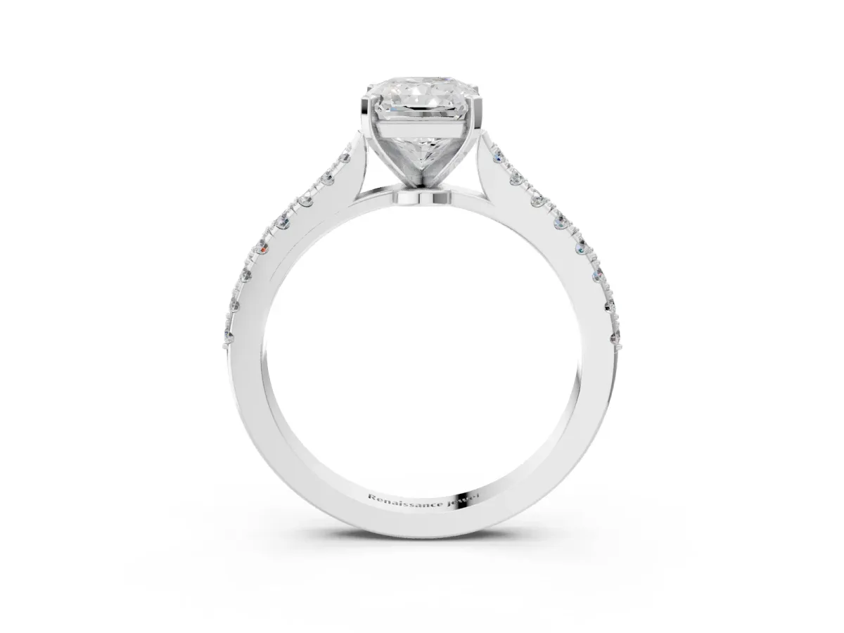 Radiant Cut Cut Solitaire Diamond Engagement Ring with Pave Band and Four-Prong Setting Silver