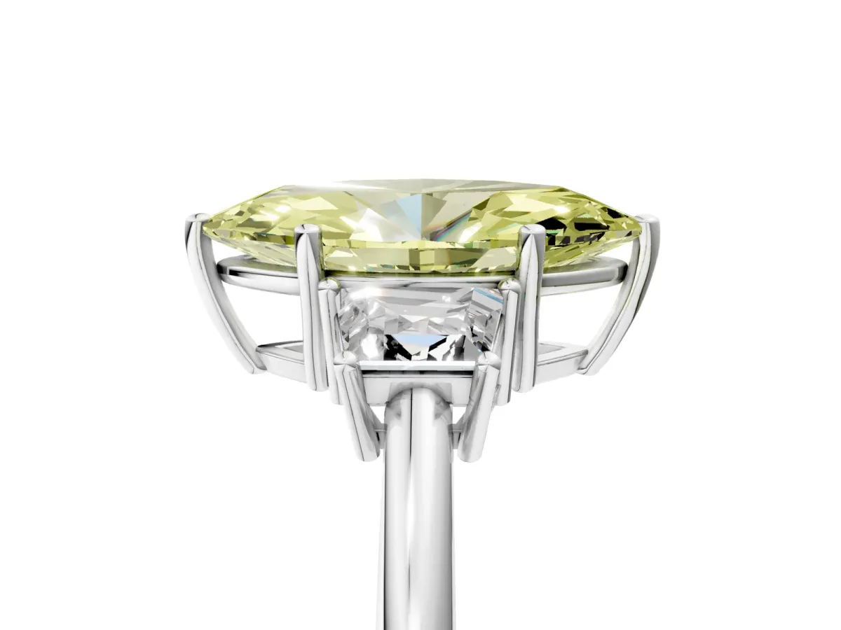 Fancy Yellow Marquise Cut Diamond Three-Stone Ring with Trapezoid Side Stones and Prong Setting Silver