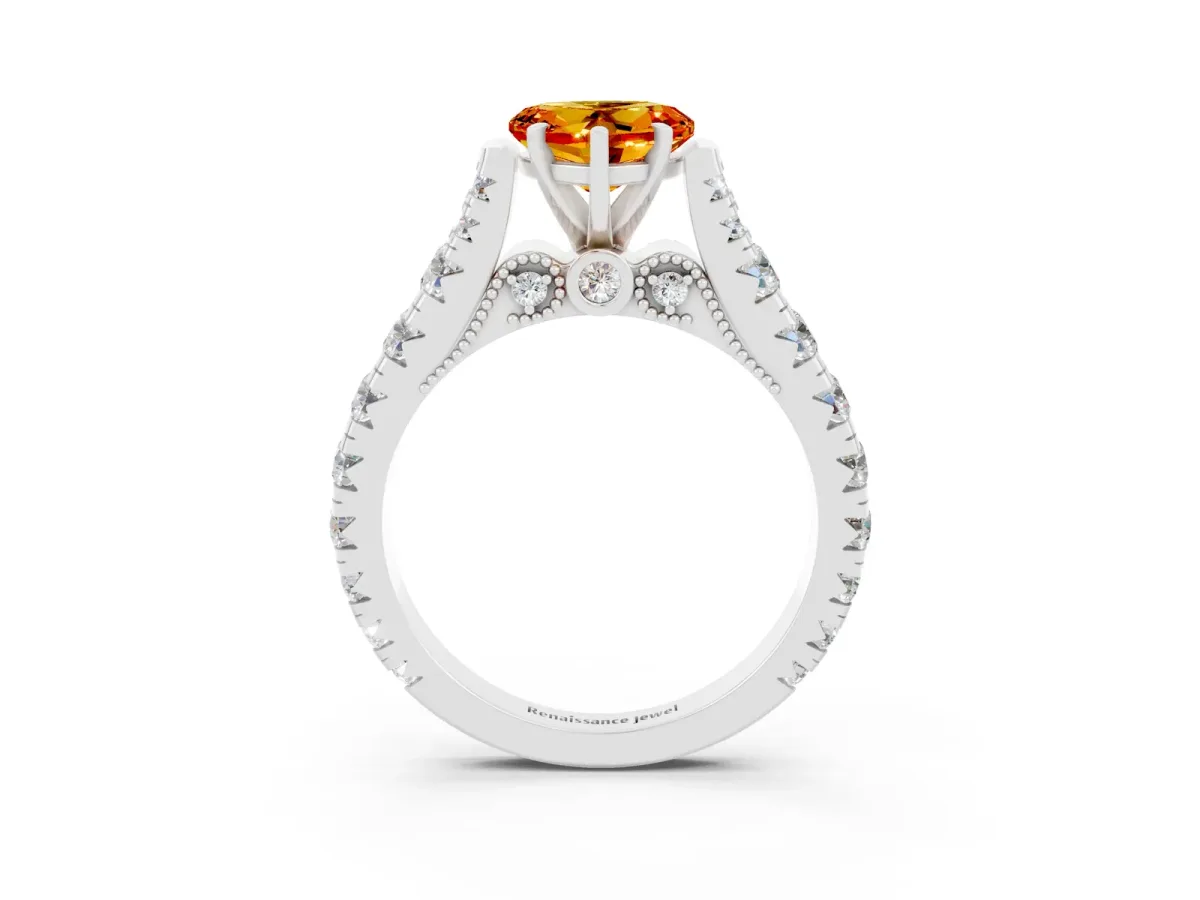 Heart Cut Citrine Classic Solitaire Ring with Pavé Band and Four-Prong Setting Silver