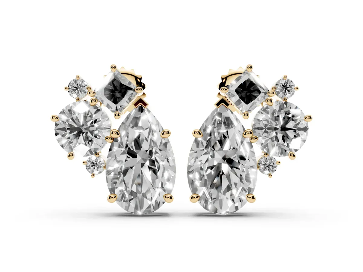 Multi-Shape Diamond Mosaic Five Stone Stud Earrings Yellow gold