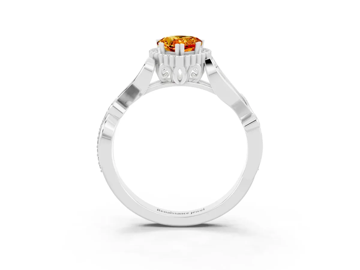 Pear Cut Citrine Halo Ring with Vintage Split Shank and Four-Prong Setting Platinum