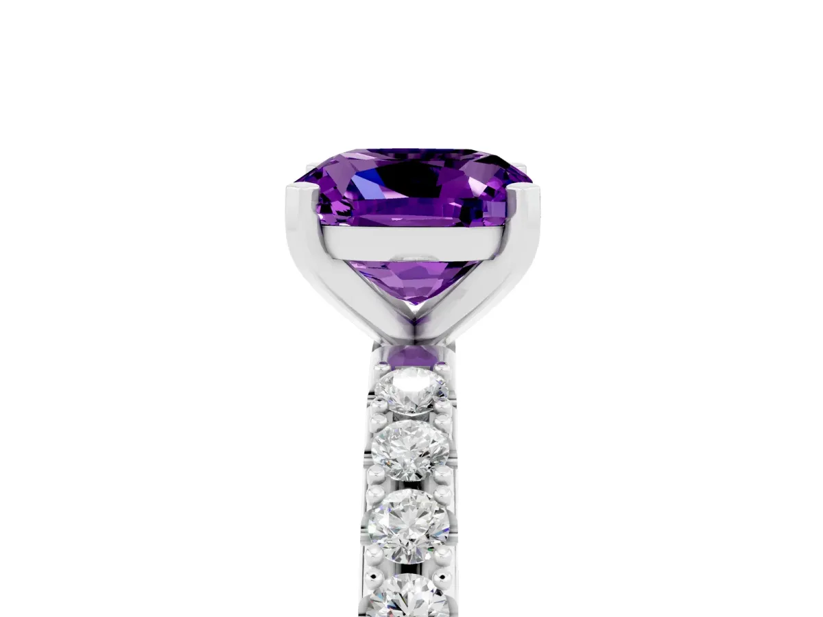 Cushion Cut Amethyst Solitaire Pavé Band with Four-Prong Setting Silver