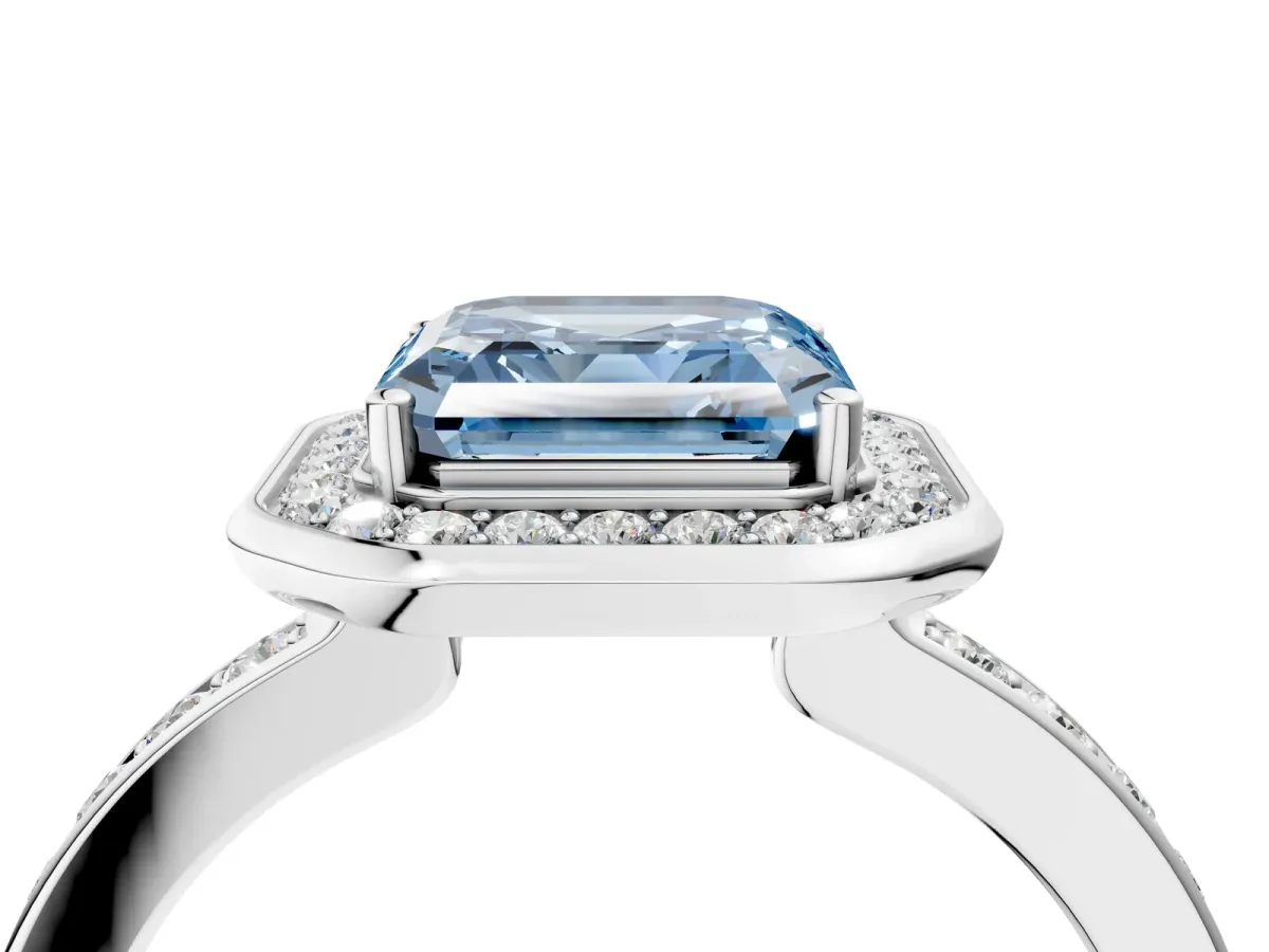 Fancy Blue Asscher Cut Diamond Halo Ring with Bezel Frame and Pavé Band Platinum