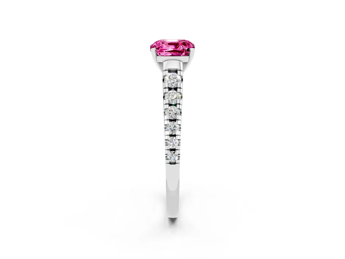 Cushion Cut Pink Sapphire Cathedral Solitaire Ring with Round Pavé Band Silver