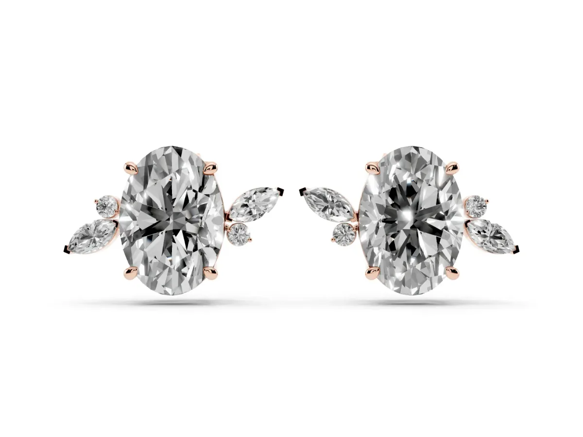 Oval Cut Diamond Nature-Inspired Stud Earrings with Marquise and Round Accents Rose gold