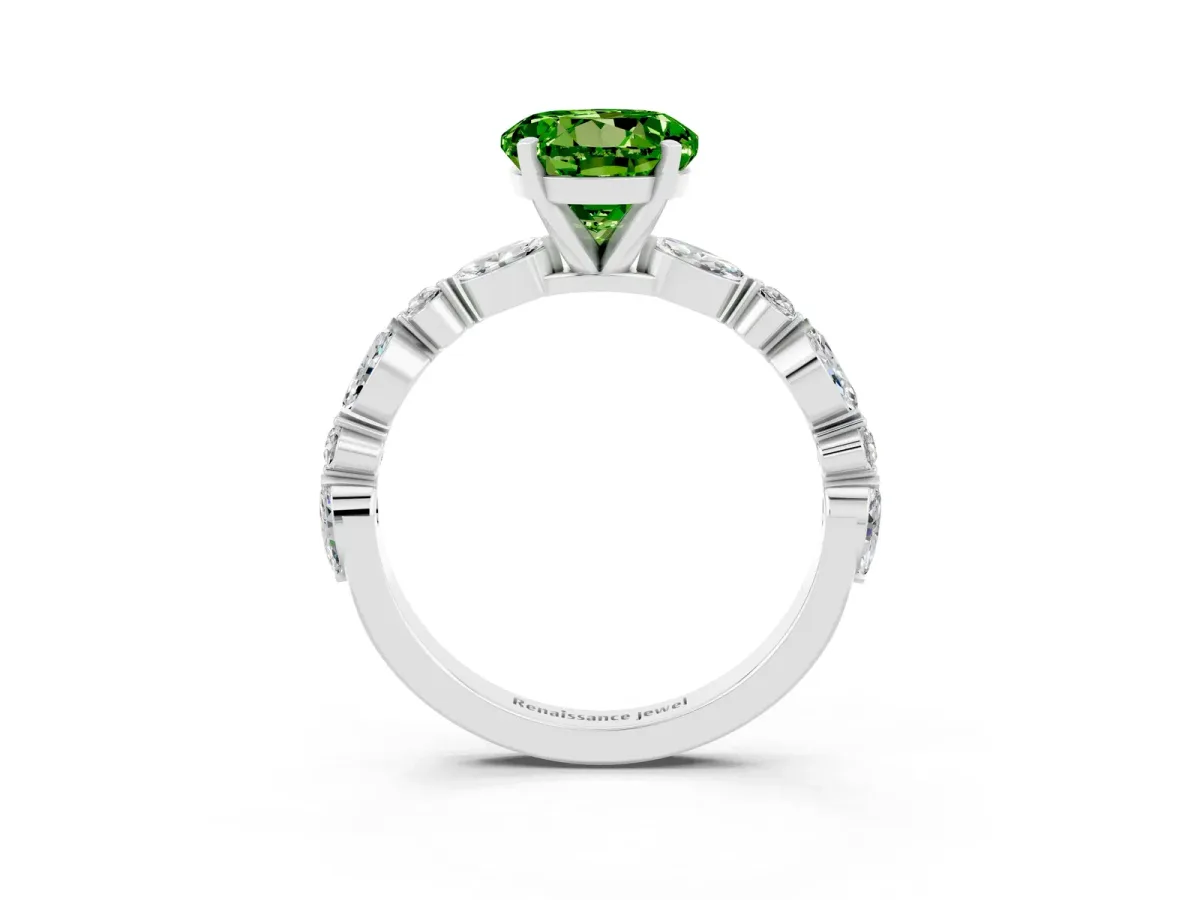 Round Cut Peridot Ring with Marquise and Round Side Stones and Four-Prong Setting Silver