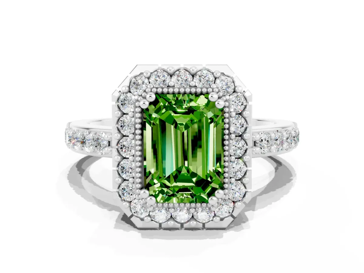 Emerald Cut Peridot Halo Ring with Pavé Band and Prong Setting White gold