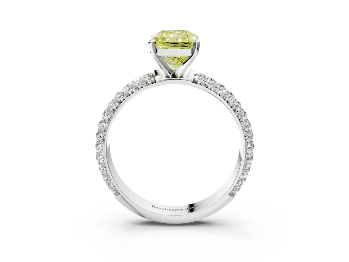 Fancy Yellow Radiant Cut Diamond Solitaire Ring with Prong Setting and Pavé Band Platinum