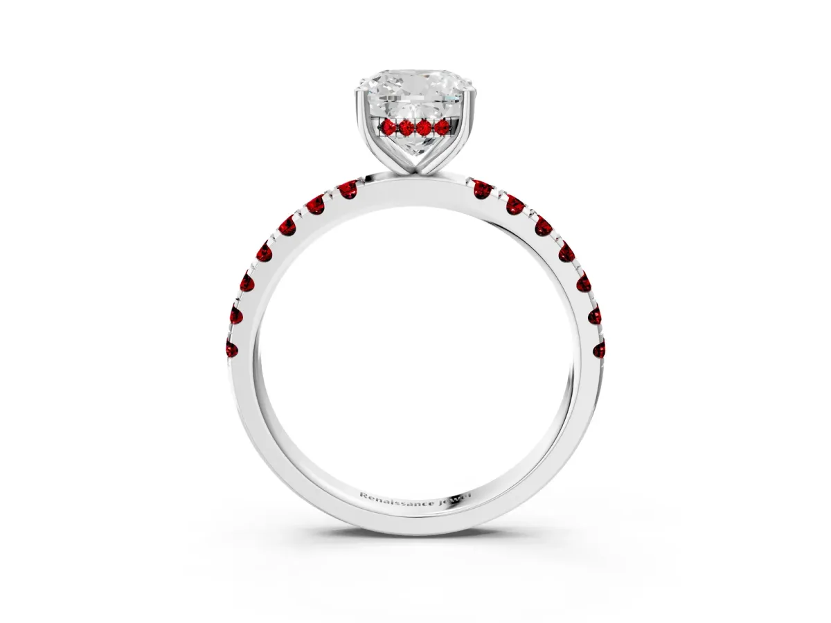 Cushion Cut Diamond Pave Band Solitaire Ring with Round Ruby and Prong Setting White gold