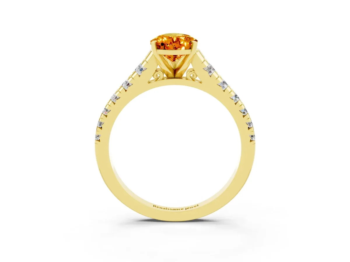 Pear Cut Citrine Cathedral Solitaire Ring with Round Pavé Band Yellow gold