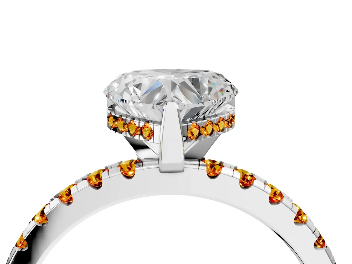 Heart Cut Diamond Solitaire Ring with Round Citrine Pavé Band and Four-Prong Setting Silver