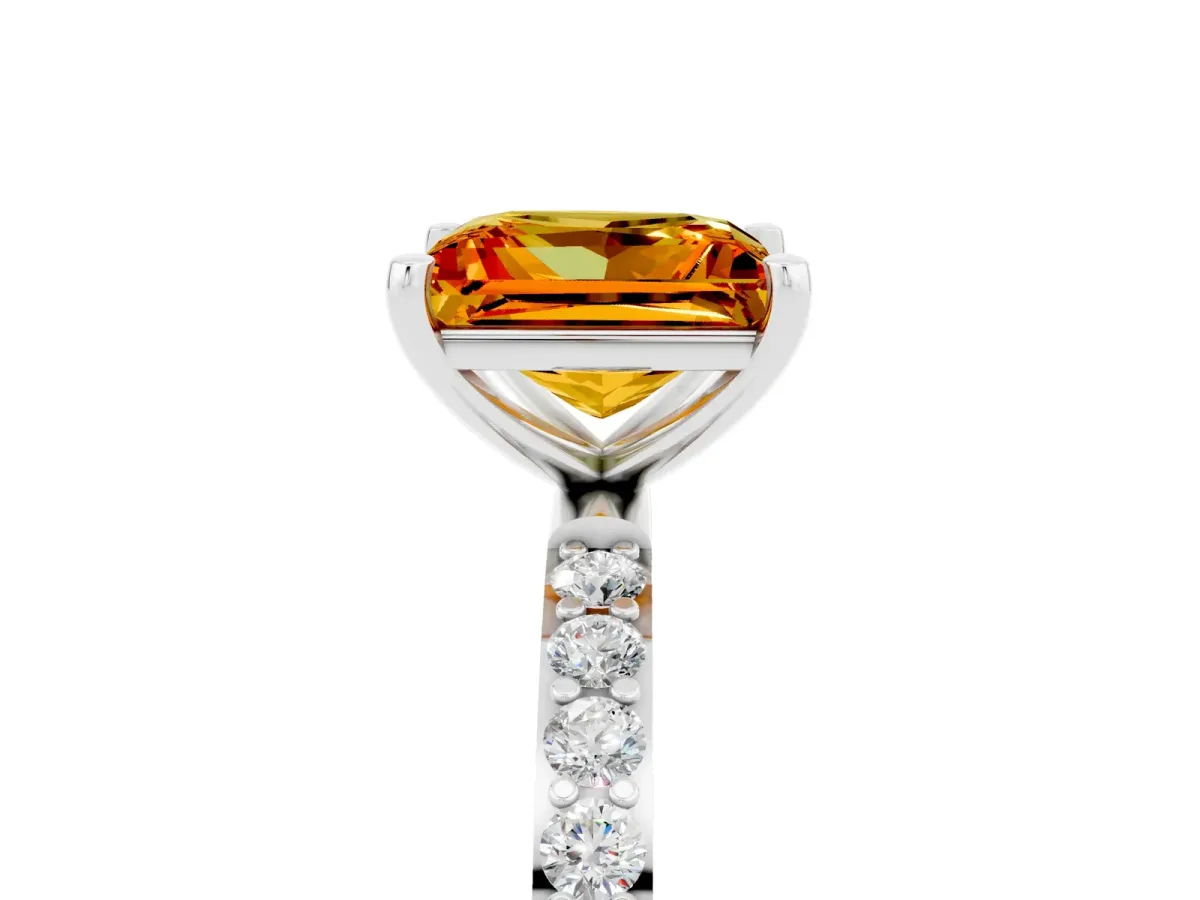 Princess Cut Citrine Solitaire Ring with Round Pavé Band and Prong Setting Silver