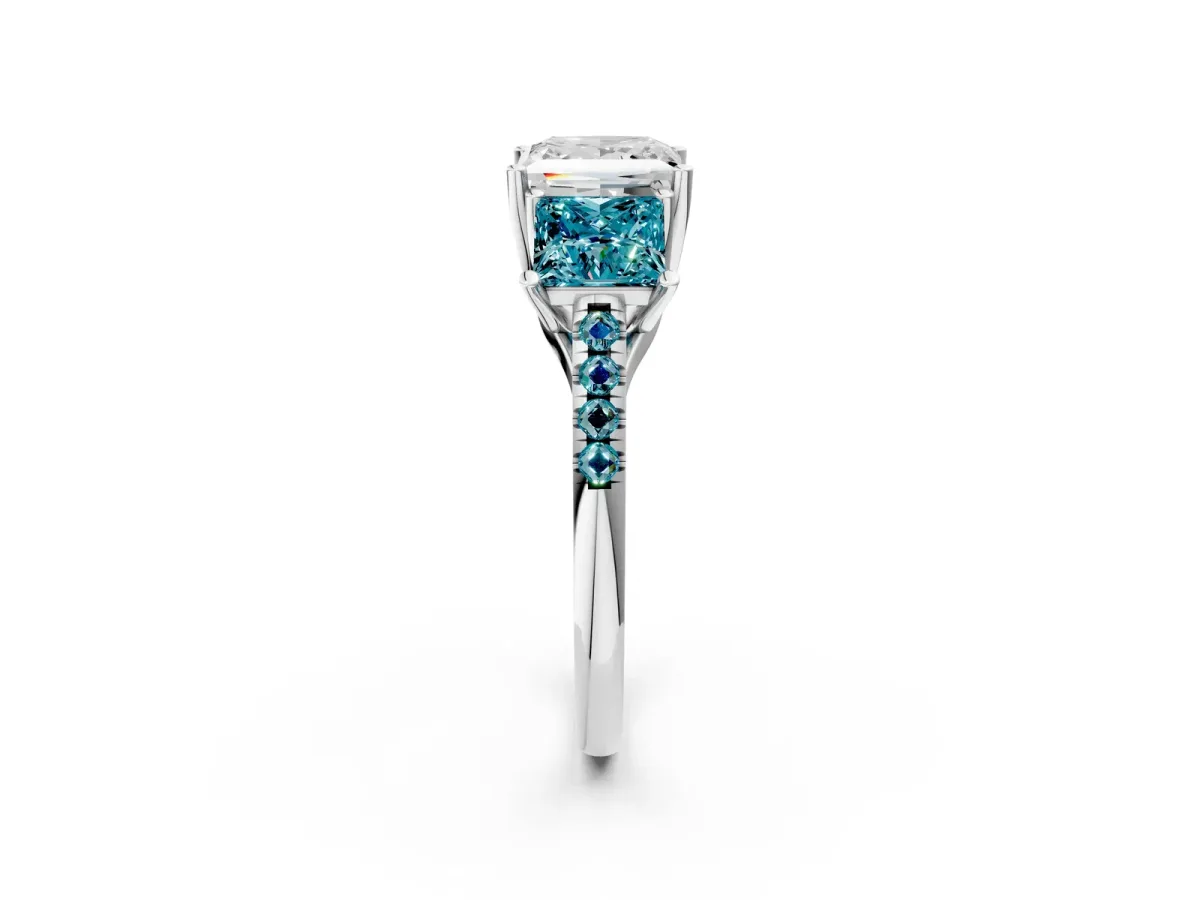 Three-Stone Princess Cut Diamond Ring with Round Blue Topaz Pavé Band and Prong Setting Silver
