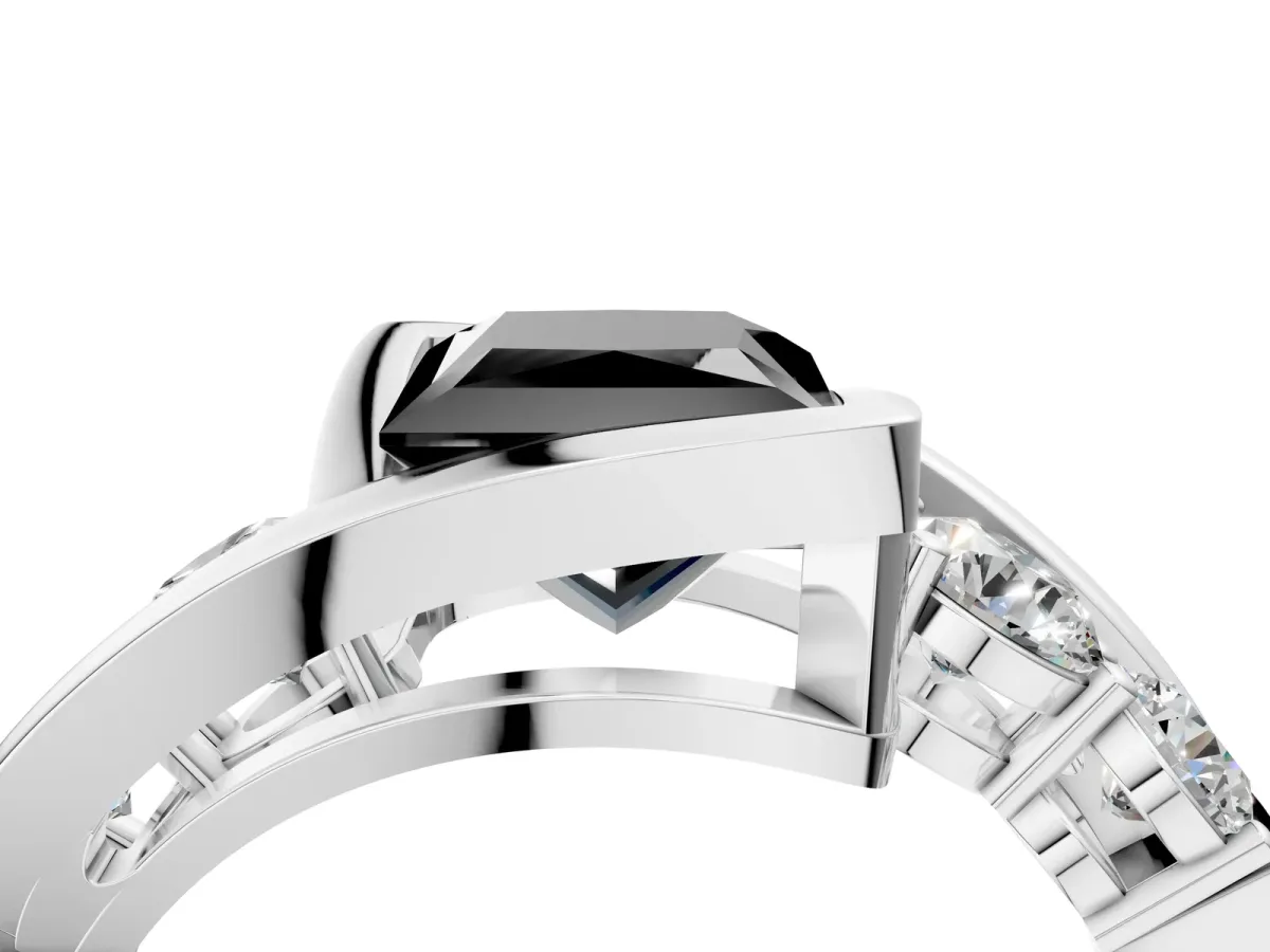 Fancy Black Bezel Set Princess Cut Diamond Bypass Ring with Round Accents Platinum