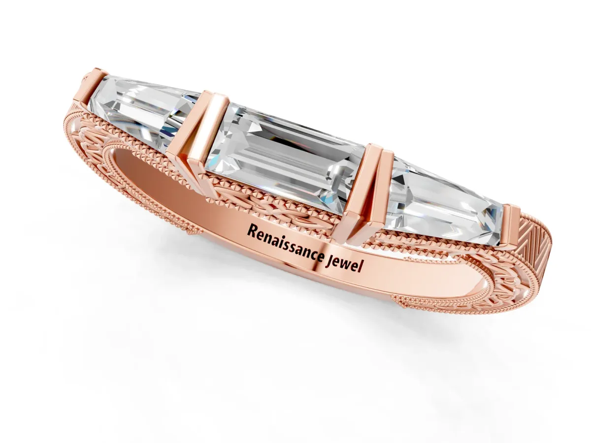 Baguette Cut Channel Set Milgrain Band with V-Prong Setting Rose gold