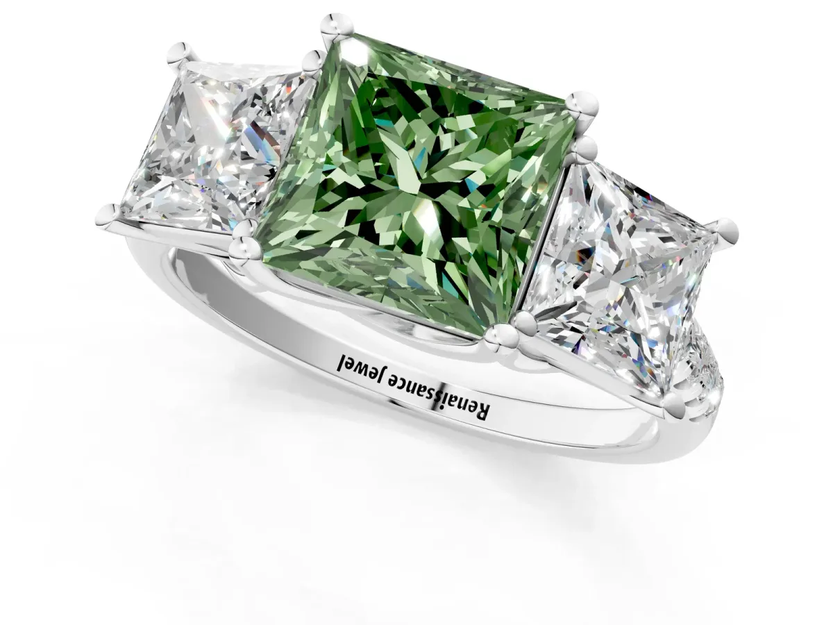 Fancy Green Three-Stone Princess Cut Diamond Ring with Round Pavé Band and Prong Setting Silver