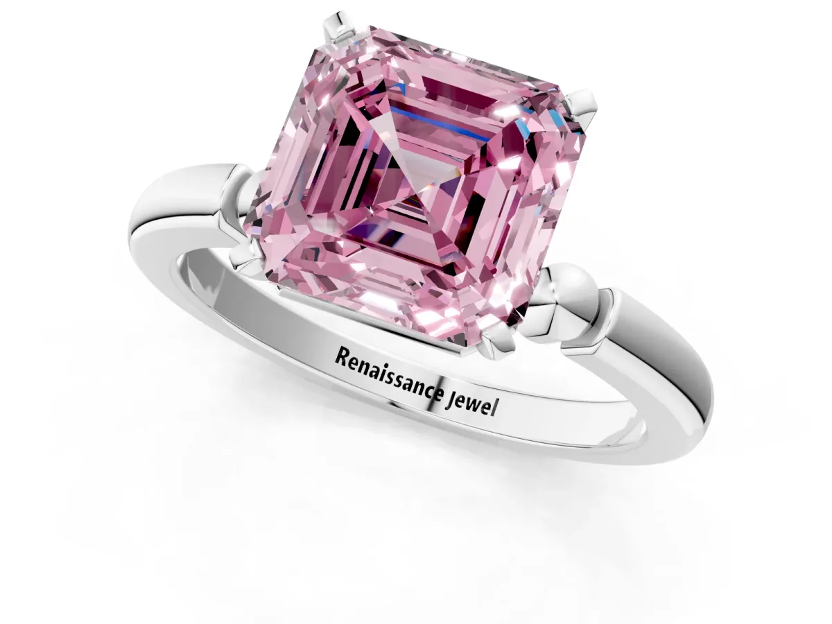 Fancy Pink Asscher Cut Solitaire Beaded Band with Four-Prong Setting Platinum