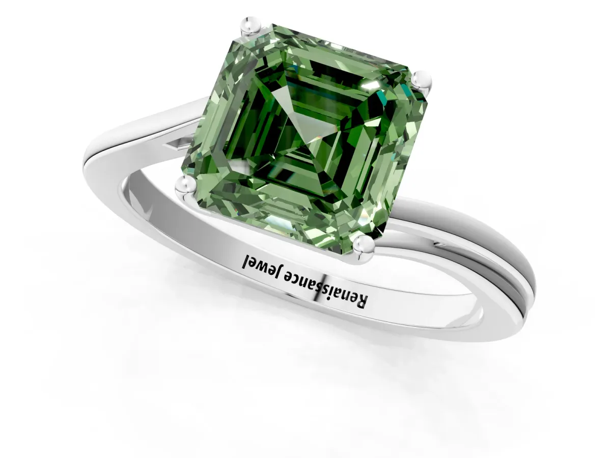 Fancy Green Asscher Cut Cut Solitaire Twist Band Ring with Four-Prong Setting Platinum
