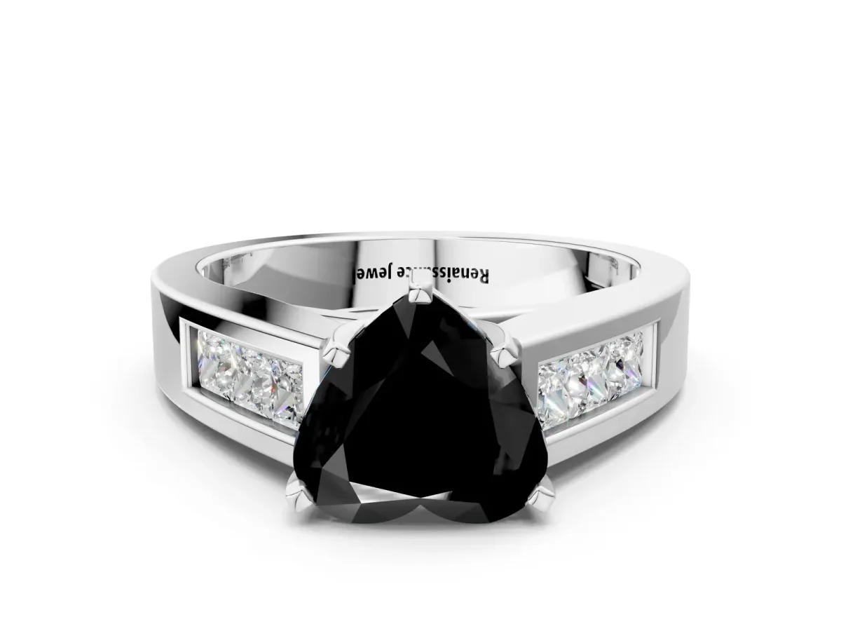 Fancy Black Heart Cut Cut Channel Set Solitaire Ring with Four-Prong Setting Silver
