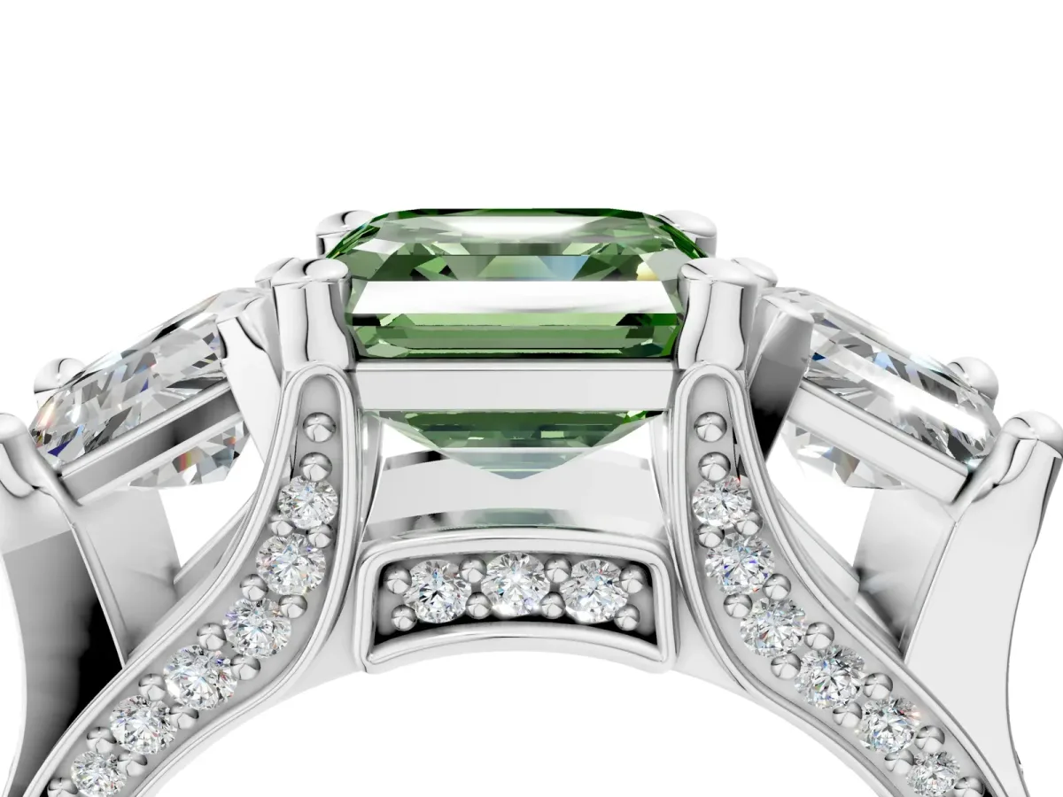 Fancy Green Asscher Cut Diamond Three-Stone Ring with Channel Set Band and Four-Prong Setting Platinum