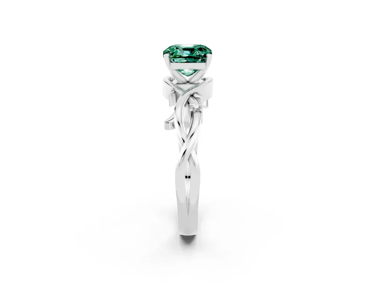 Cushion Cut Green Sapphire Solitaire Ring with Twisted Band and Prong Setting Silver