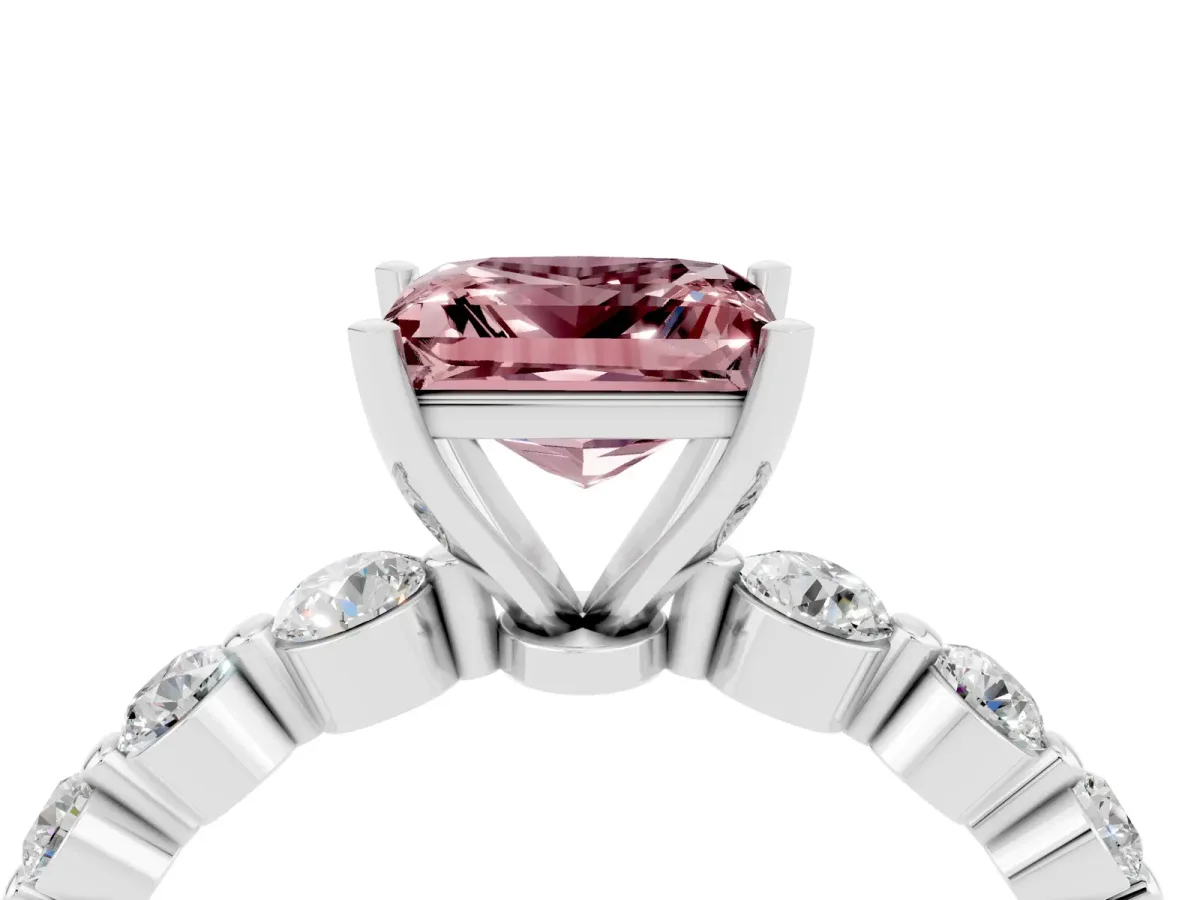 Princess Cut Solitaire Morganite Ring with Pave Band and Four-Prong Setting Silver