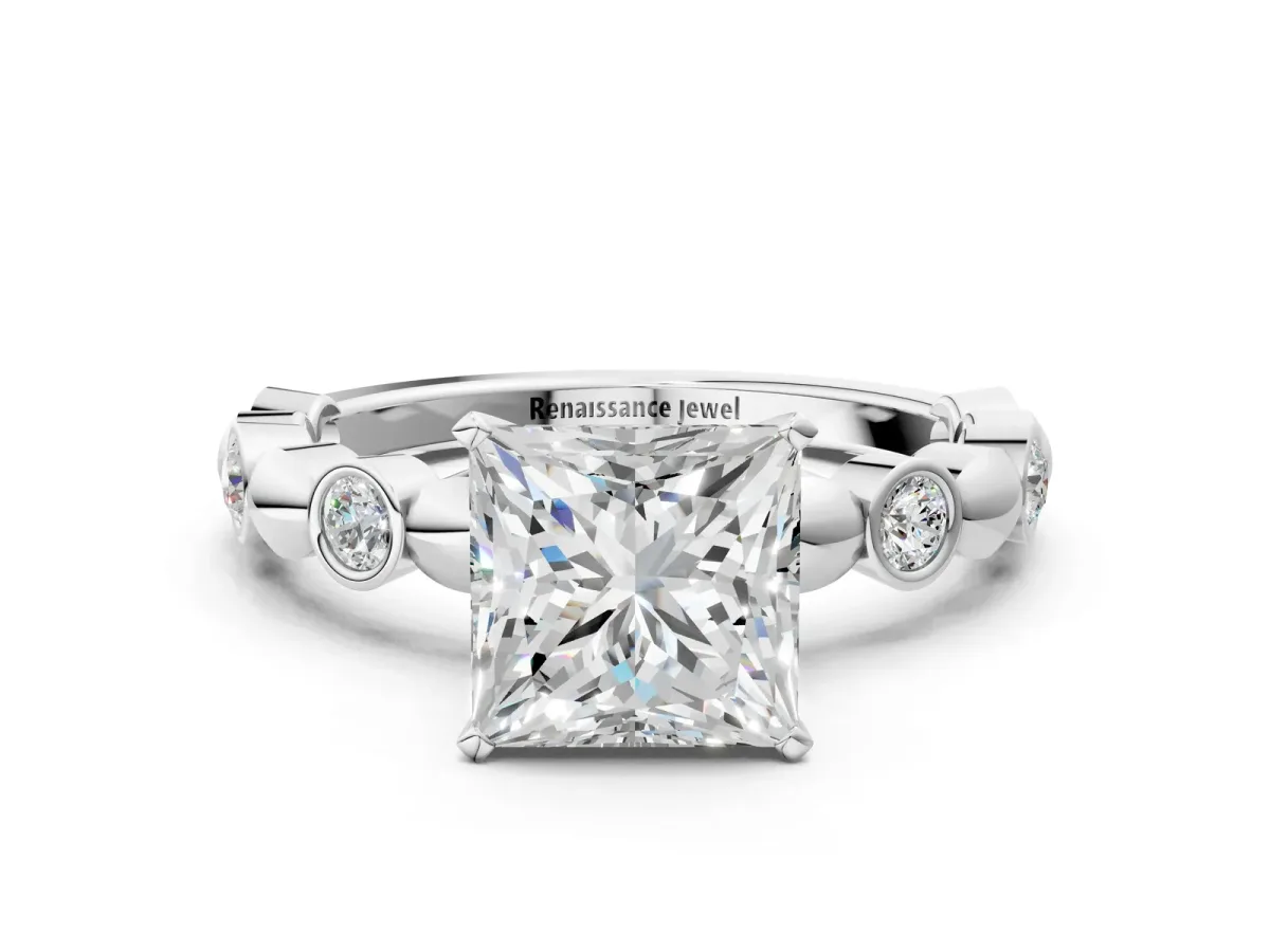 Princess Cut Solitaire Bezel-Set Diamond Ring with Beaded Band and Four-Prong Setting Silver