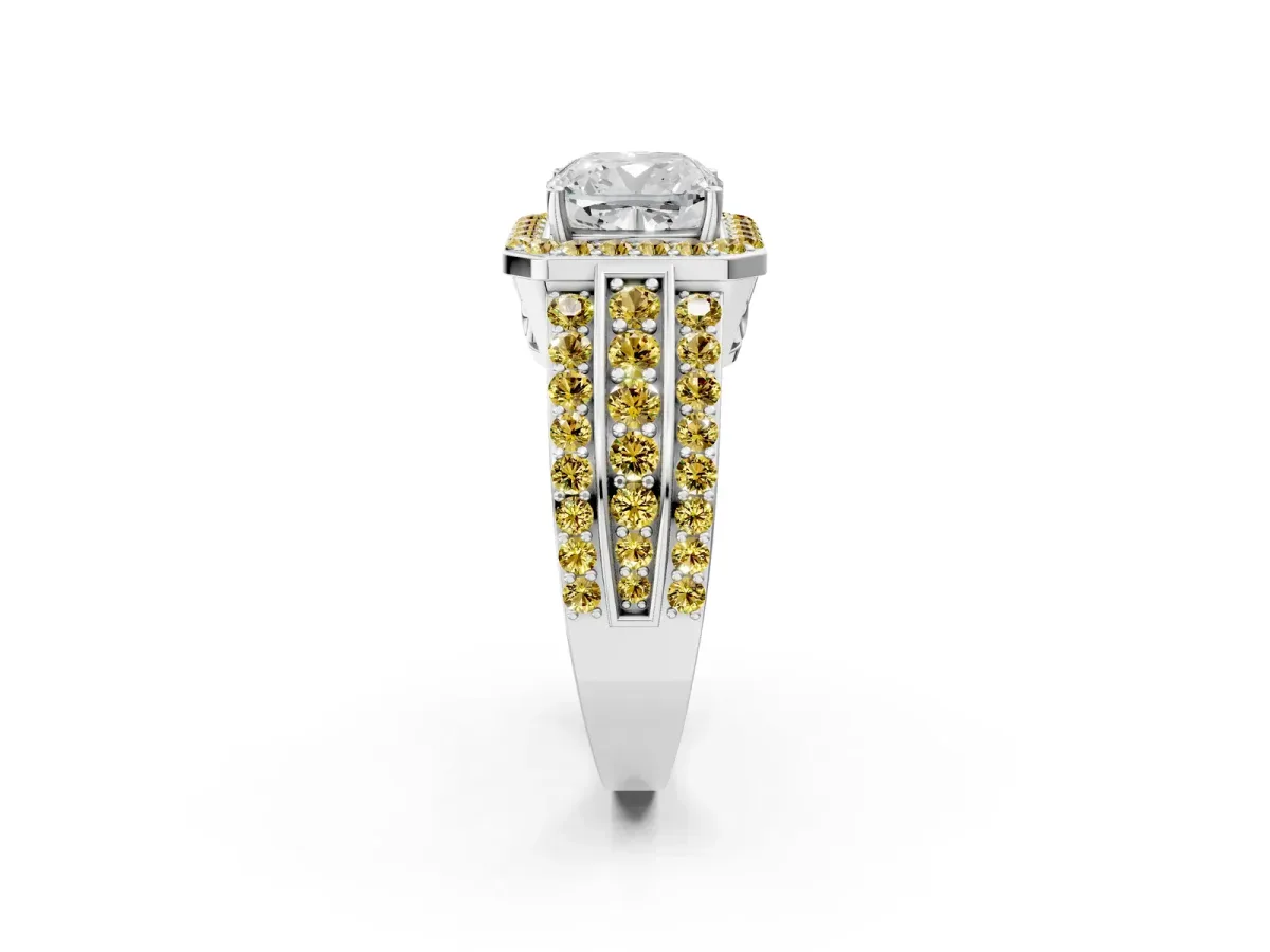 Cushion Cut Halo Diamond Ring with Round Yellow Sapphire Split Shank and Prong Setting Silver