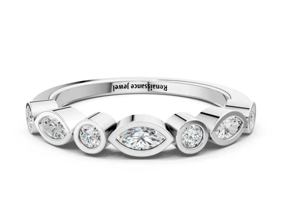 Bezel Set Marquise and Round Diamond Stackable Band Platinum