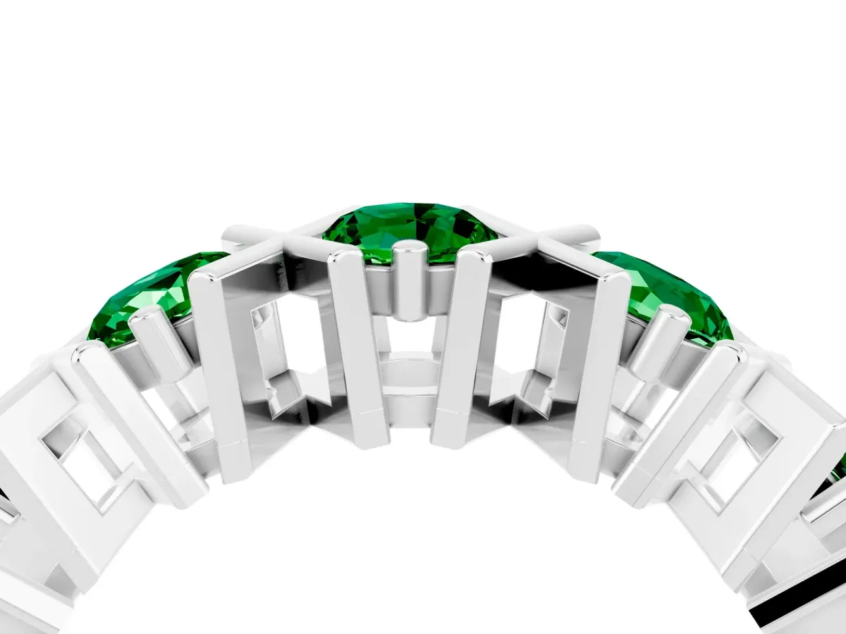 Round Emerald Channel Set Band with X-Prong Detail Silver