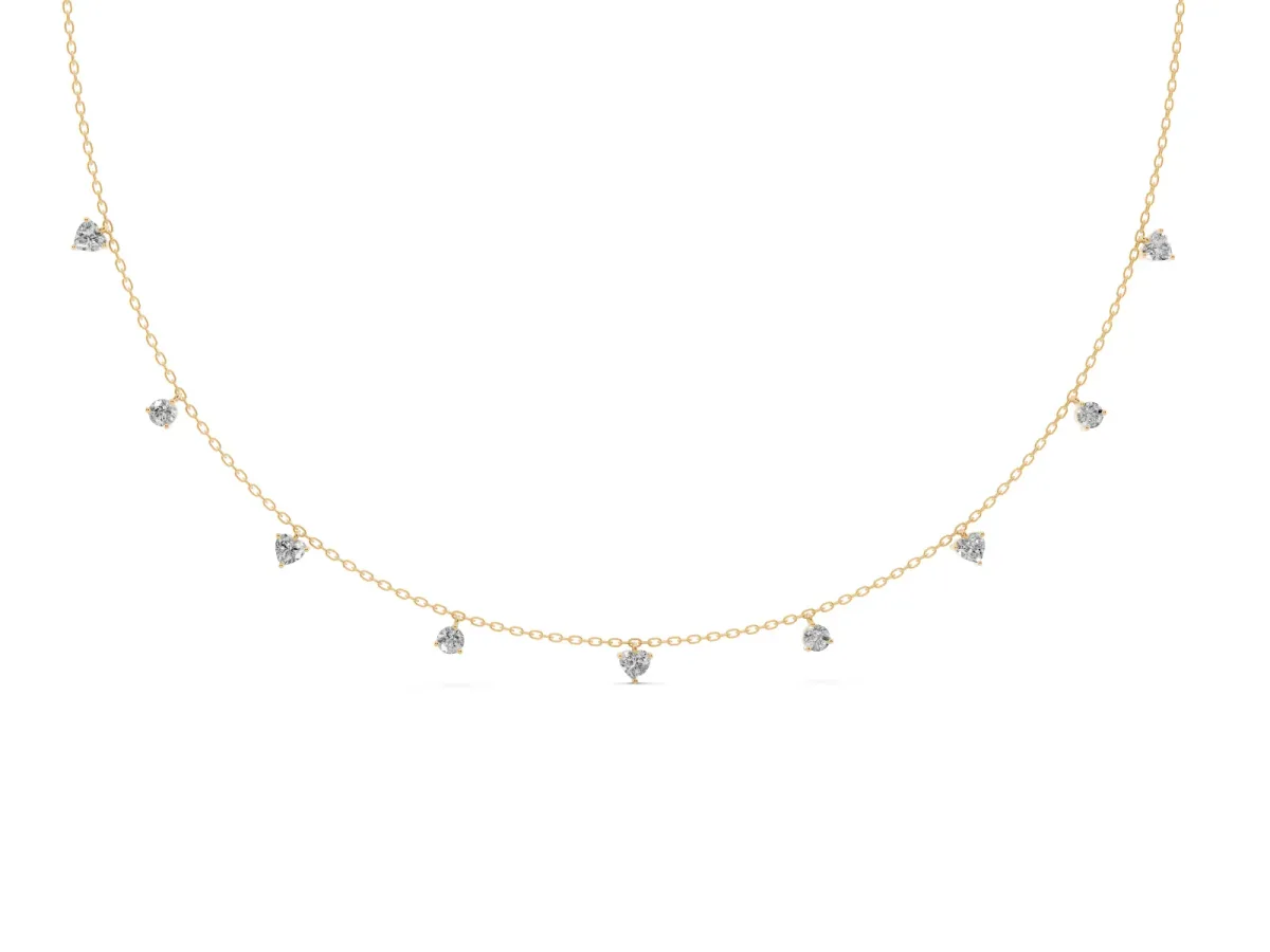 Heart and Round Diamond Station Necklace Yellow gold