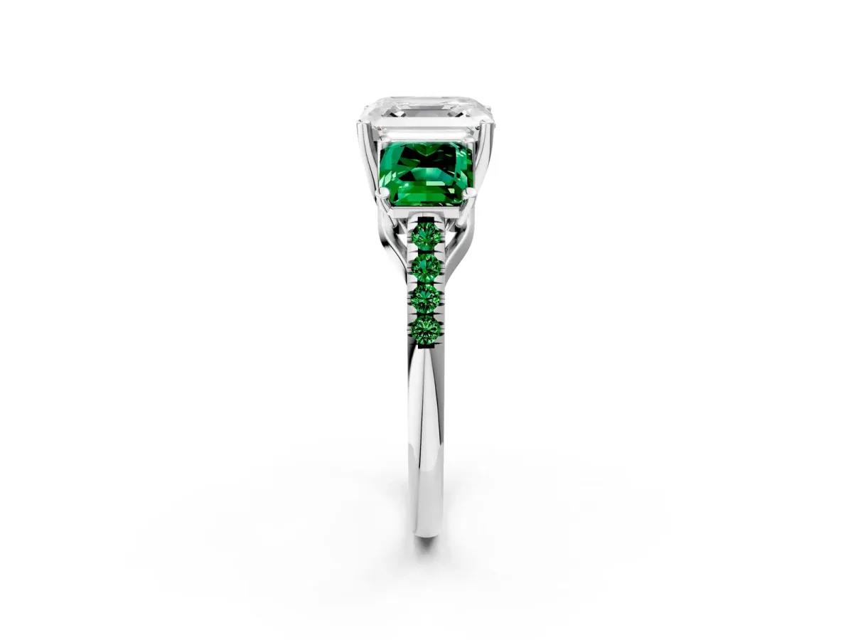 Three-Stone Asscher Cut Diamond Ring with Round Emerald Pavé Band and Prong Setting Silver