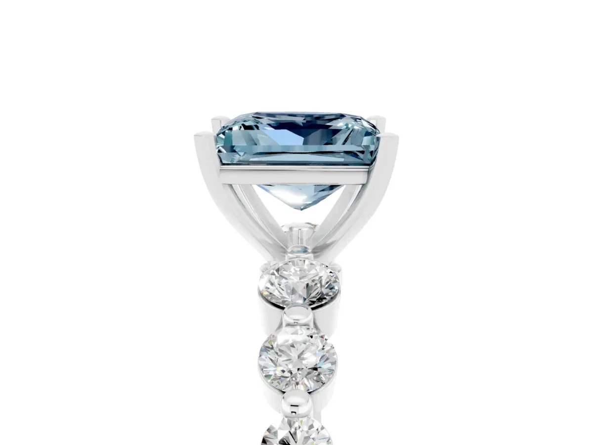 Princess Cut Solitaire Aquamarine Ring with Pave Band and Four-Prong Setting Silver