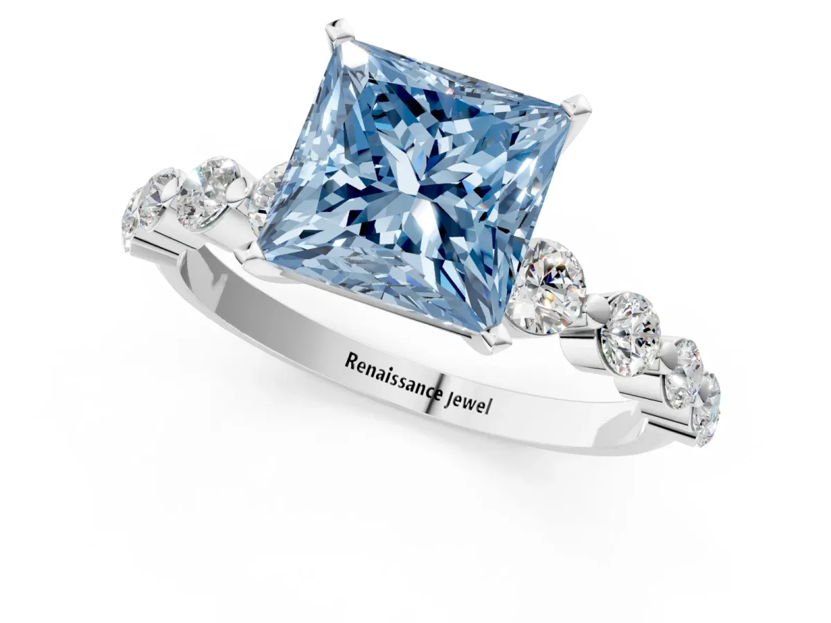 Fancy Blue Princess Cut Solitaire Diamond Ring with Pave Band and Four-Prong Setting Silver