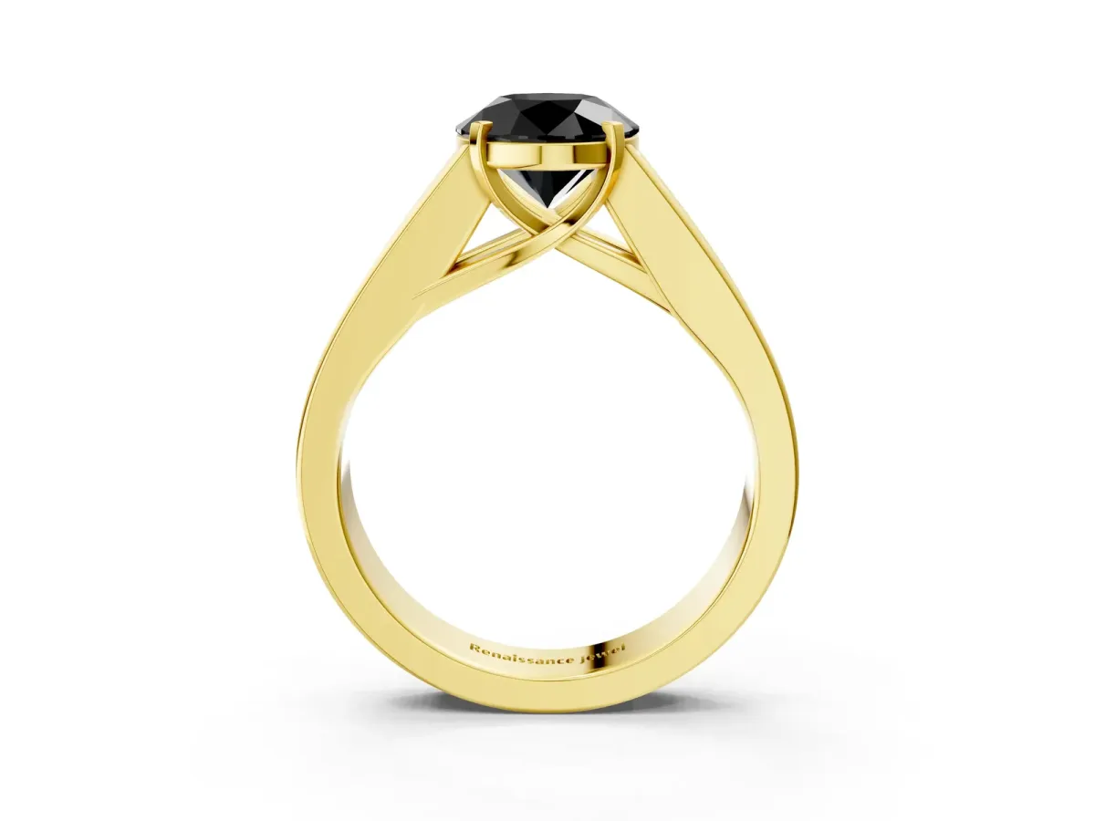 Fancy Black Round Cut Cut Channel Set Solitaire Ring with Four-Prong Setting Yellow gold