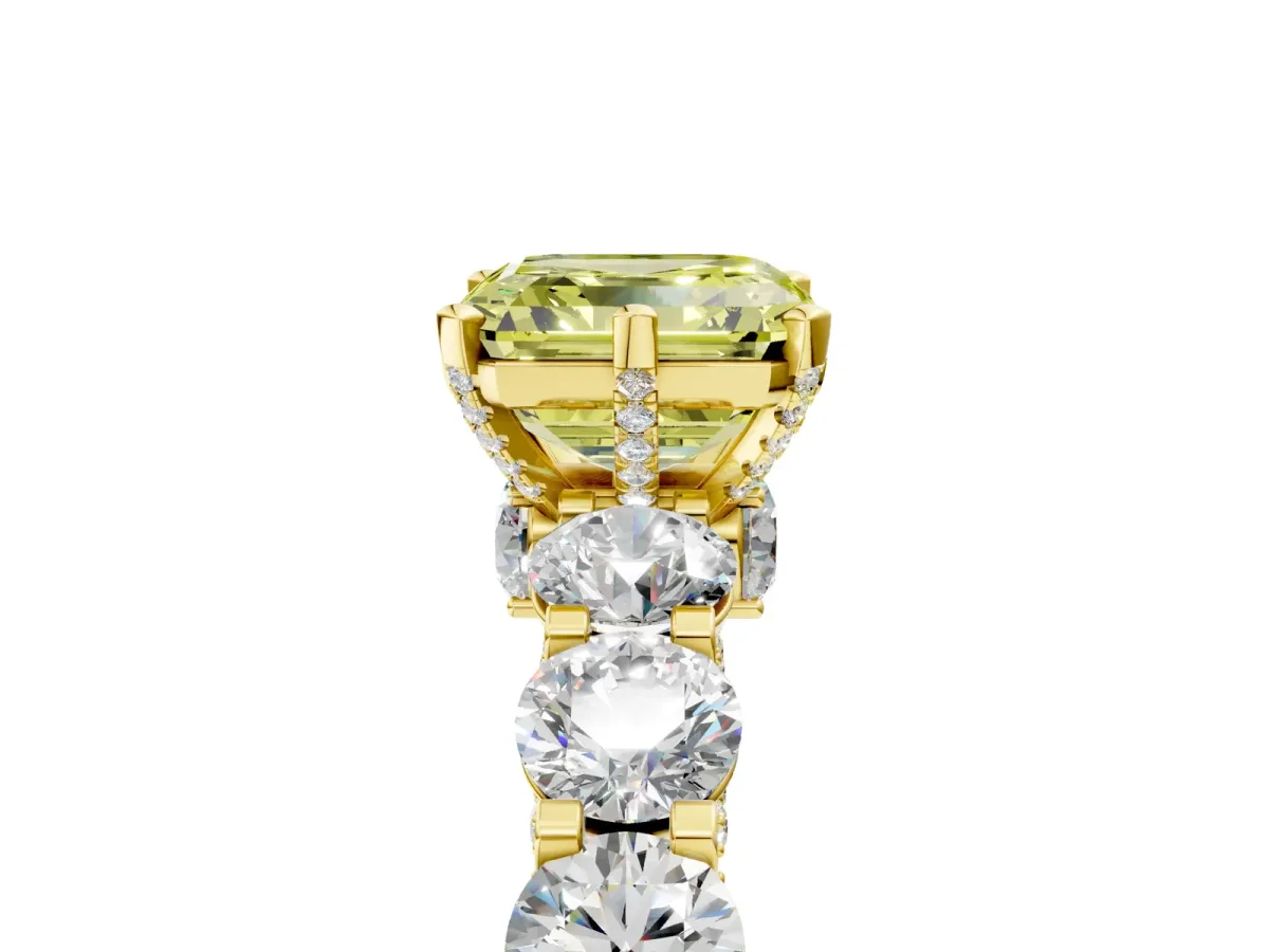 Fancy Yellow Asscher Cut Diamond Side Stone Engagement Ring with Four-Prong Setting Yellow gold