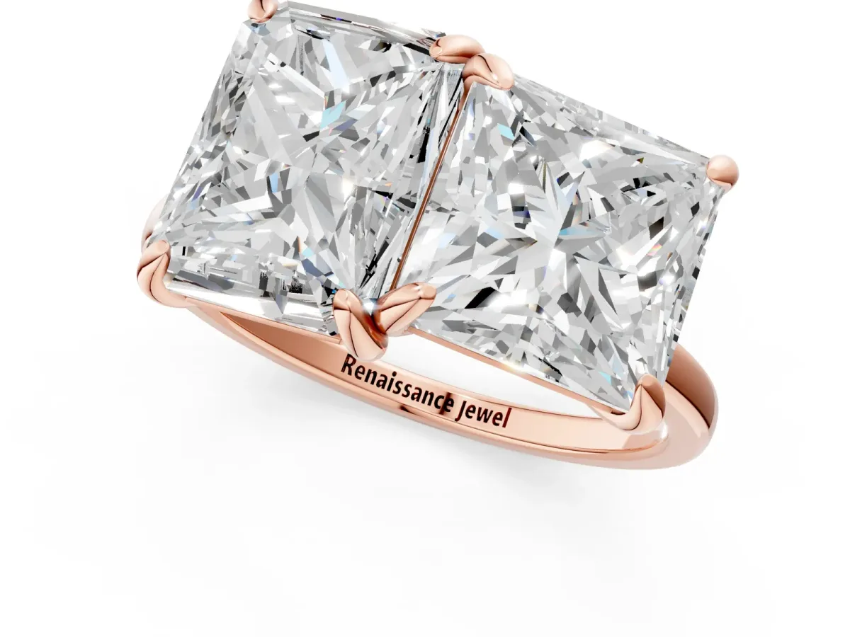Emerald and Princess Toi Moi Ring with Prong Setting and Plain Band Rose gold
