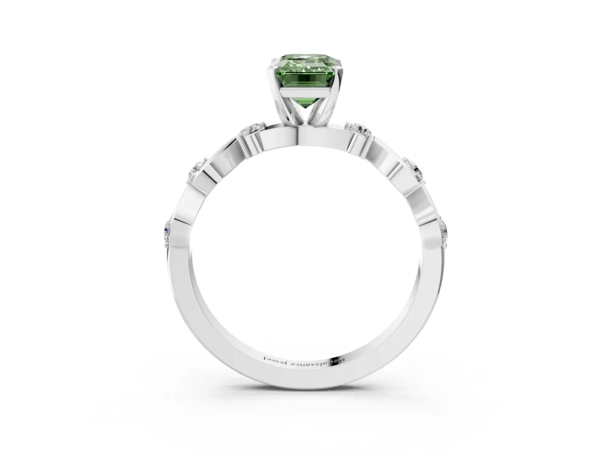 Fancy Green Emerald Cut Diamond Solitaire Twisted Band with Round Accents and Prong Setting Silver